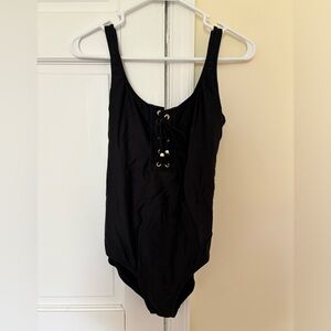 Black One Piece Swimsuit with Gold Detailing and Low Cut Back